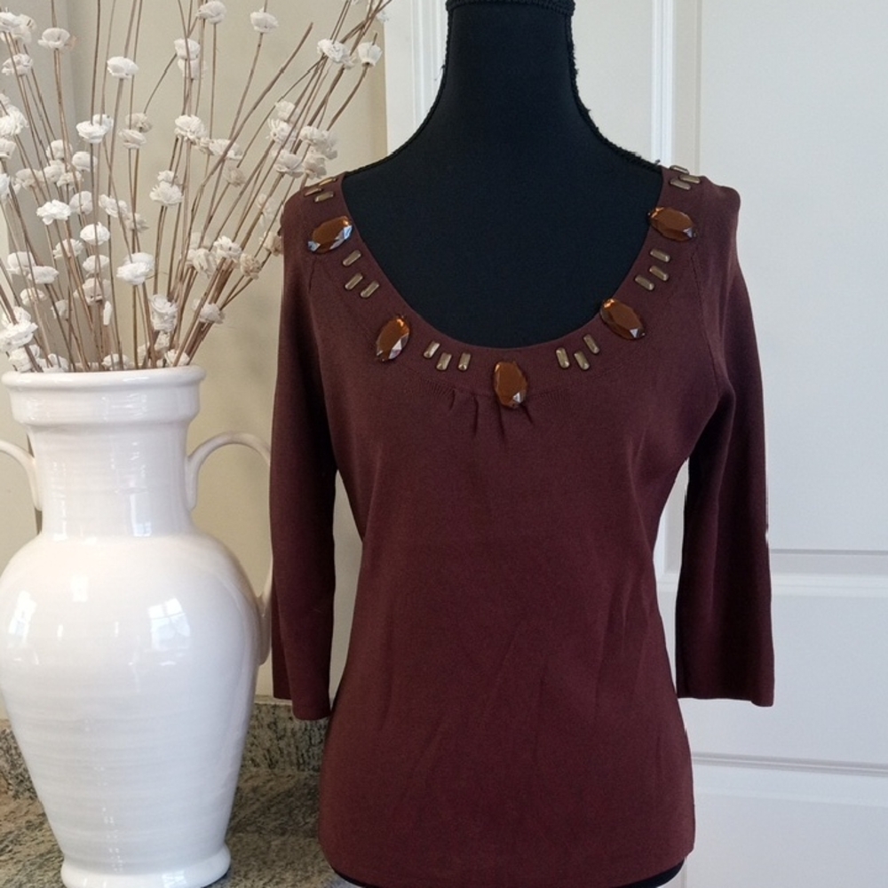 Elegant Brown Women's Blouse with Embellishments Size M